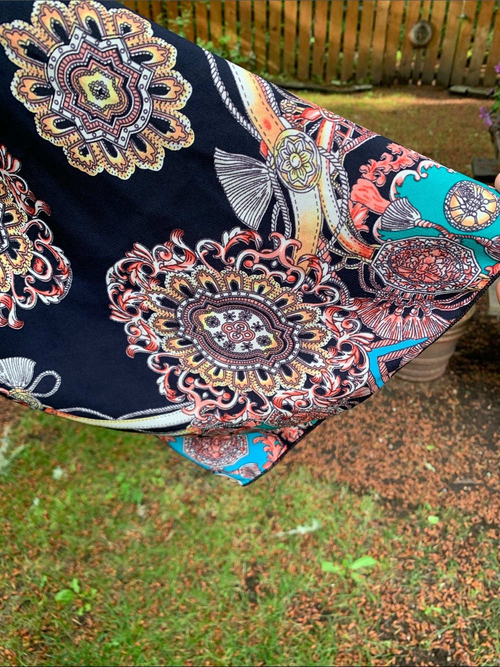 I JOAH Black Printed Open Front Kimono Cardigan with Teal & Coral Accents - Picture 5 of 7